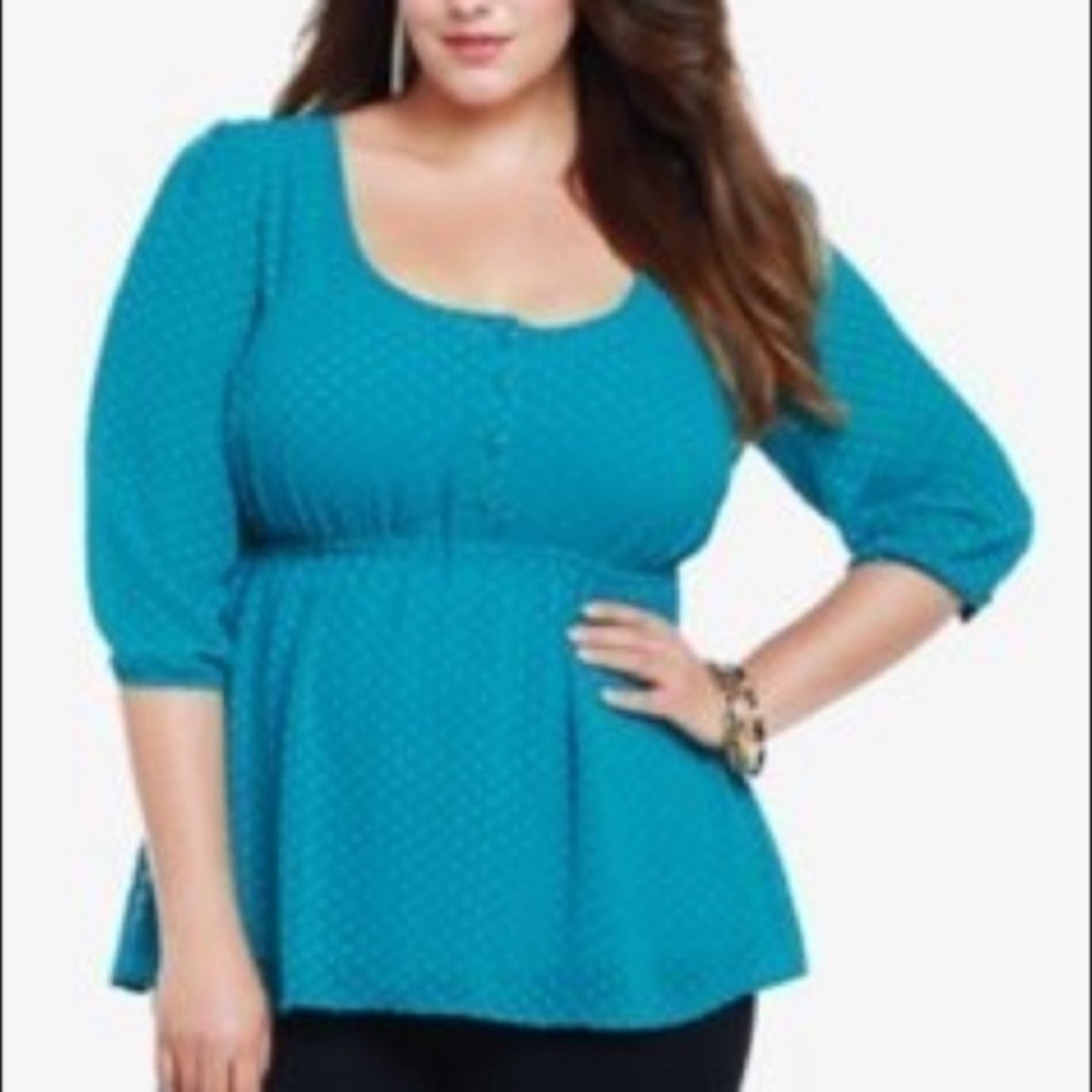 Torrid teal green blue Swiss dot peplum chiffon top 1X 14 16 XX1
